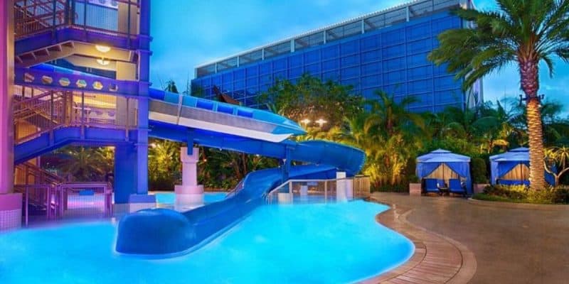 The monorail over the pool at the Disneyland Hotel