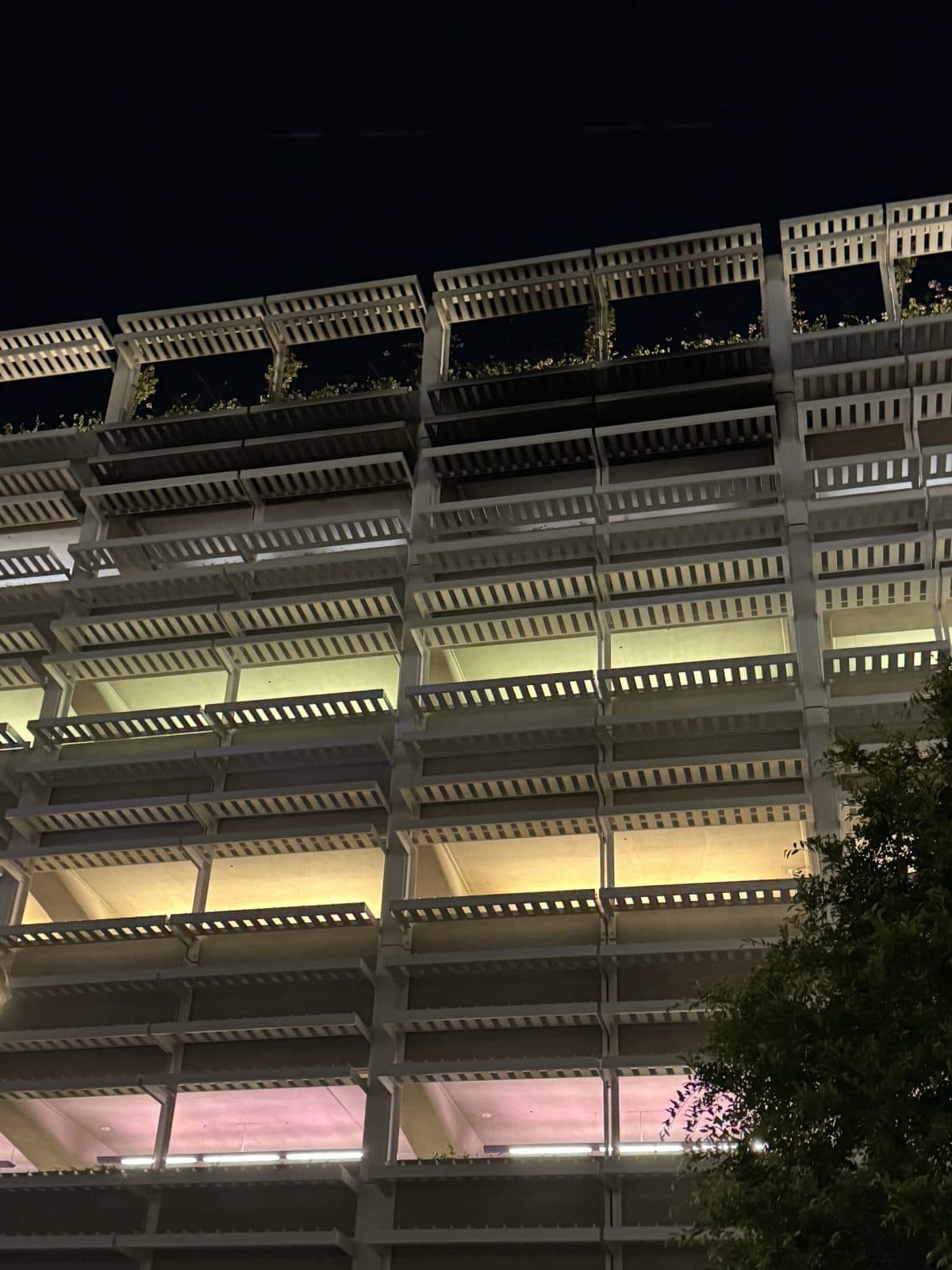 A multilevel parking garage at night, illuminated by lights. The structure features multiple open floors with railings and some greenery on the top level. The sky is dark, and a tree is partially visible at the bottom right corner.