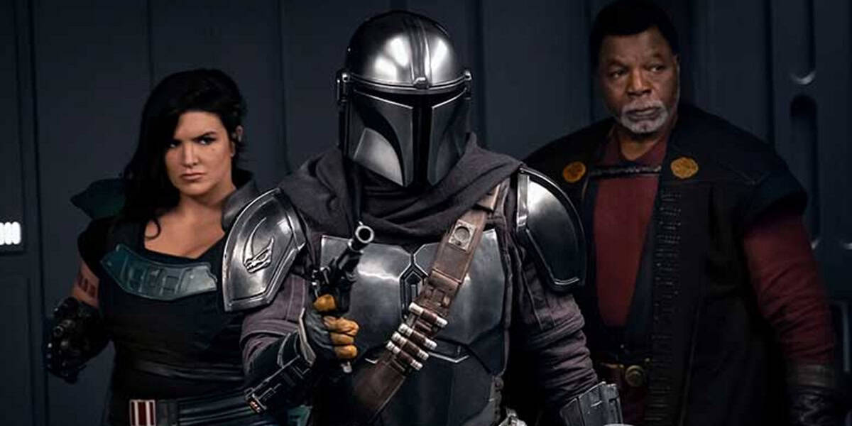 L-R: Cara Dune, Din Djarin, and Greef Karga in 'The Mandalorian'