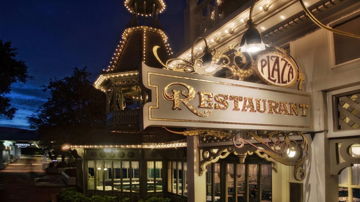 A sign for The Plaza Restaurant in the Magic Kingdom