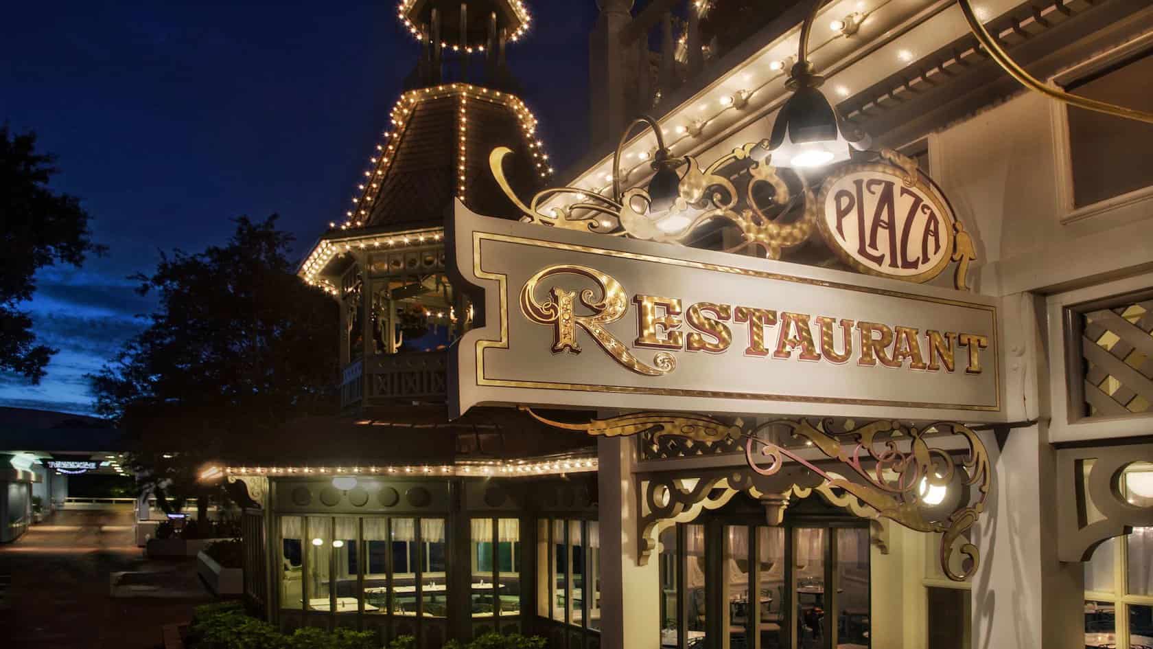 A sign for The Plaza Restaurant in the Magic Kingdom