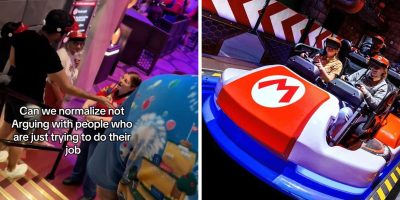 Split image: Left side shows an employee talking calmly to a guest in a theme park with the text, "Can we normalize not trying to fight people who are just doing their job?" Right side features people riding a Mario Kart-themed attraction at Epic Universe.