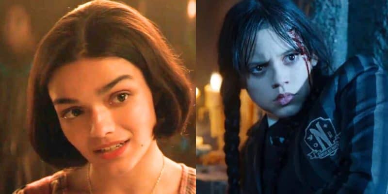 Split image: On the left, Rachel Zegler as Snow White, on the right, Jenna Ortega as Wednesday Addams