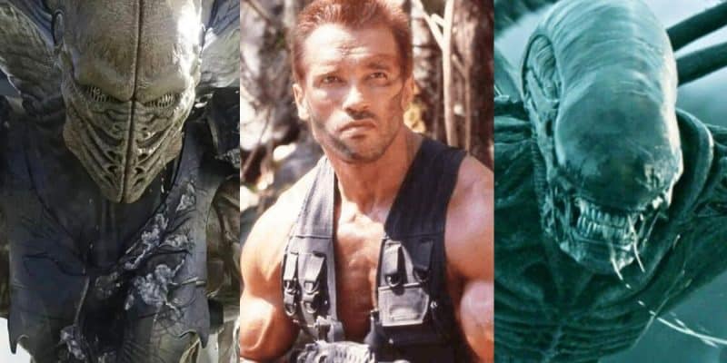 Split image: Left, the Alien from 'Independence Day 2', middle, Arnie in 'Predator', right, a Xeno in 'Alien: Covenant'