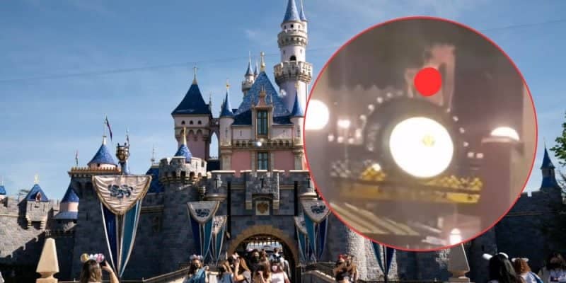 A crowd of people walking towards a large, fairy-tale like castle with blue spires. Nearby, a circular inset shows an illuminated theme park ride at night with a red dot indicating something specific.