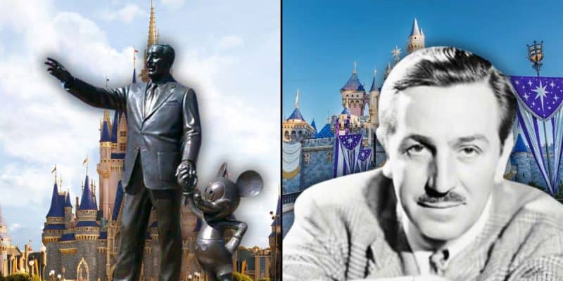 Split image - left, the Walt Disney statue, right - a black and white picture of Walt Disney