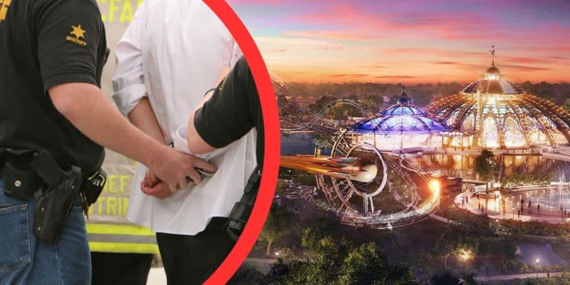An image split in half: on the left, a police arrest with an officer handcuffing a person; on the right, Universal's Epic Universe at sunset, featuring illuminated domes and a thrilling roller coaster inside of Universal's Epic Universe.