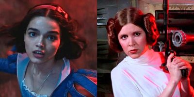 A split image shows two women: on the left, Rachel Zegler as Snow White; on the right, Carrie Fisher as Princess Leia in 'Star Wars'