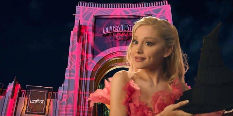 Ariana Grande holding a witch's hat as Glinda in front of the Universal Studios Florida entrance, lit up red for Halloween Horror Nights