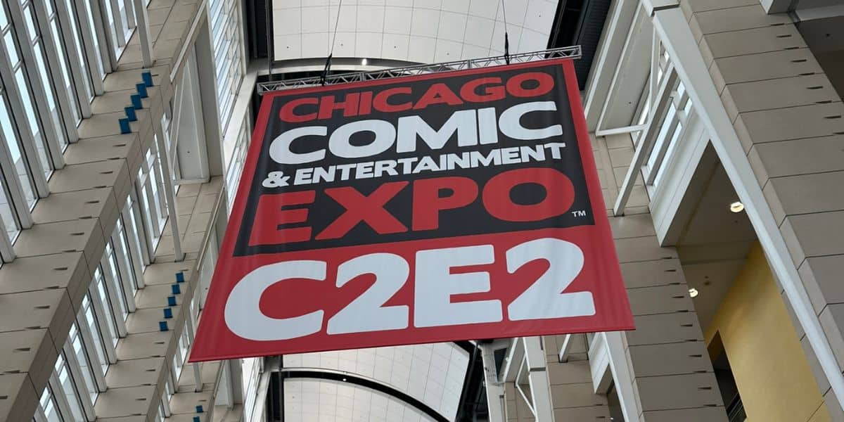 A large red and black banner reading Chicago Comic & Entertainment Expo. C2E2.