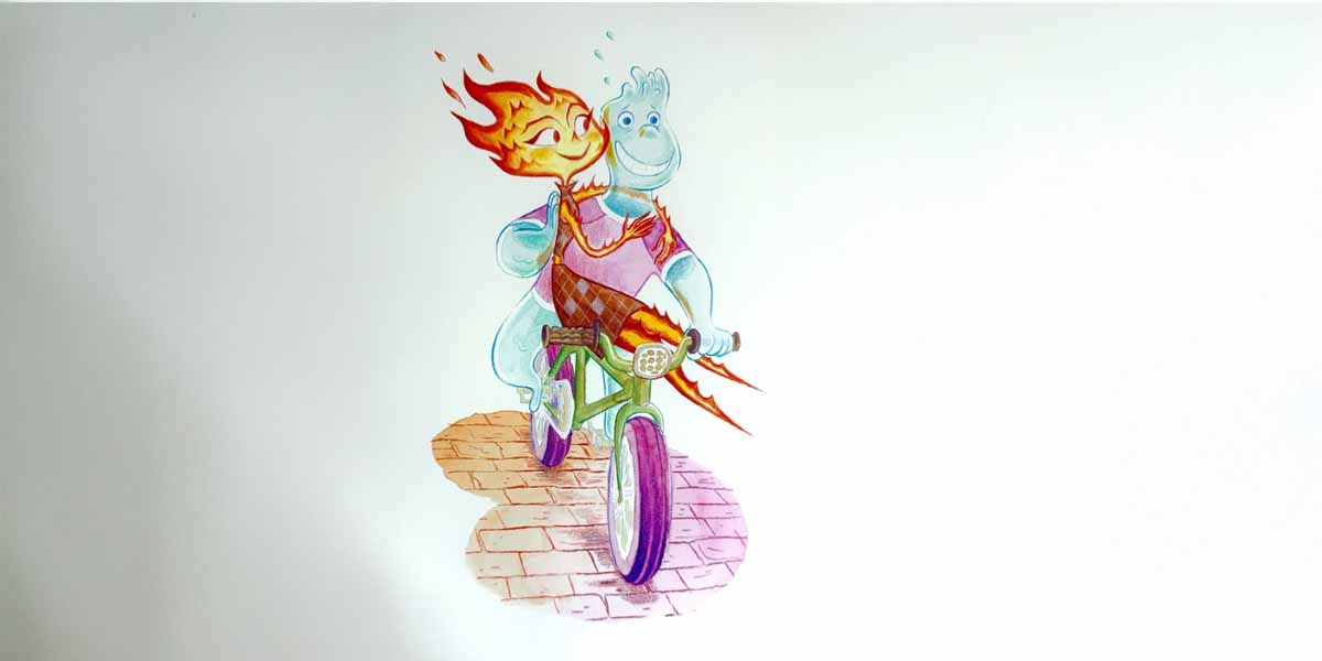 A cheerful, blue cartoon character rides a bicycle while holding a flaming torch, smiling brightly as if cycling for a heartwarming cause. The bike casts a shadow on the paved ground beneath against a mostly empty, white background.