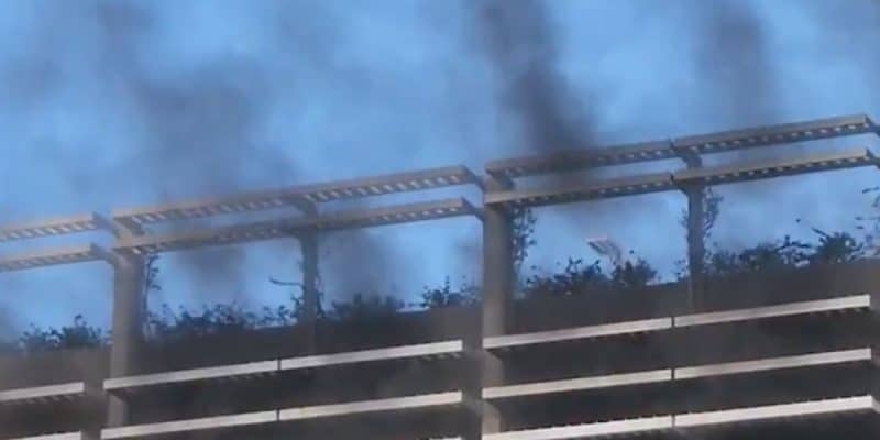 Smoke rising out of the Pixar Pals Parking Garage at Disneyland Resort during a car fire.