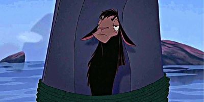 Kuzco tied to a rock on a waterfall in 'The Emperor's New Groove'
