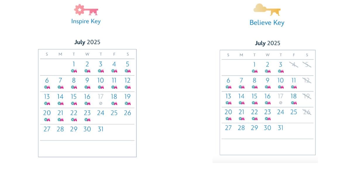 Screenshot of Disneyland Resort's website showing that Inspire and Believe Key reservations are blocked out on Disneyland Resort's 70th birthday, July 17