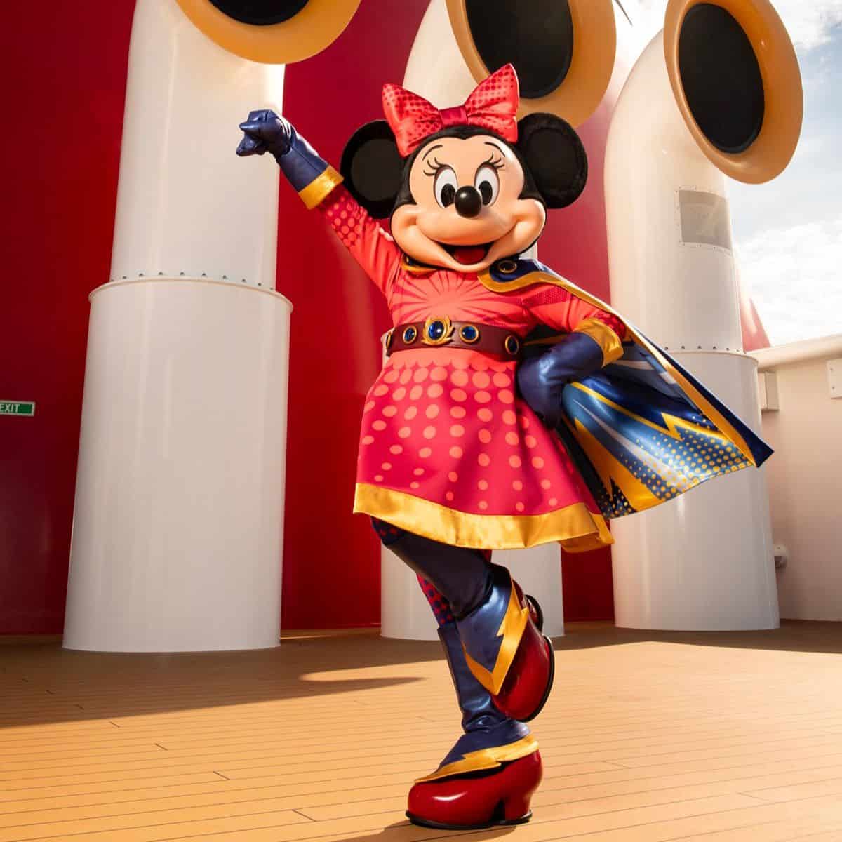 A superhero-themed Minnie Mouse strikes a pose.