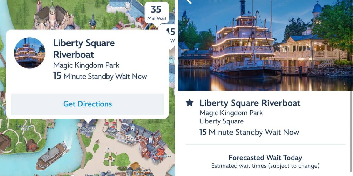 Screenshots via the My Disney Experience app show the Liberty Square Riverboat operating with a 15 min wait time