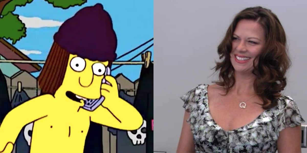 A cartoon character with long hair and a beanie, reminiscent of The Simpsons recast style, is on the left. On the right, a smiling woman in a patterned dress showcases her wavy hair.