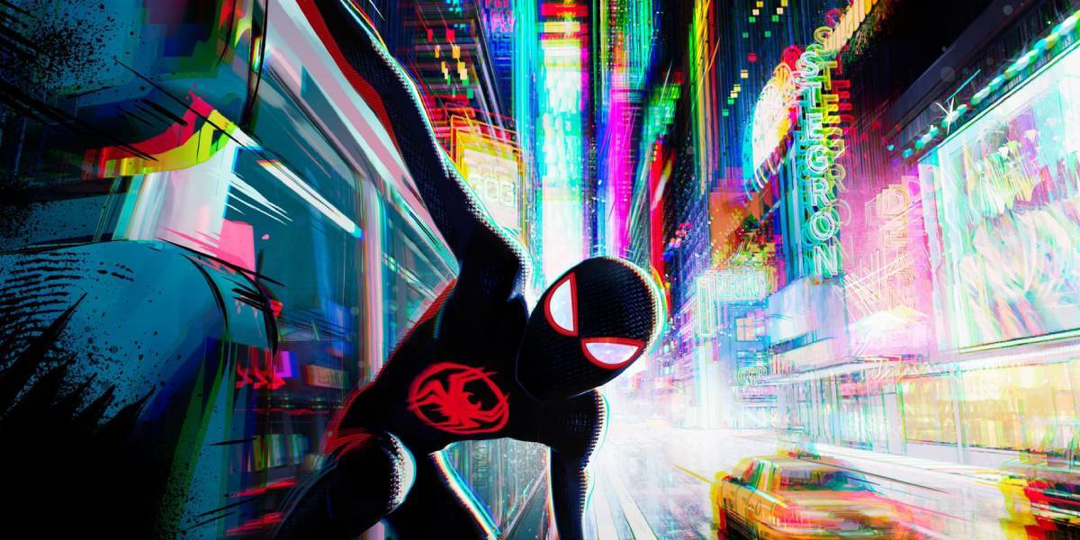 Miles Morales riding through the city on the side of a bus