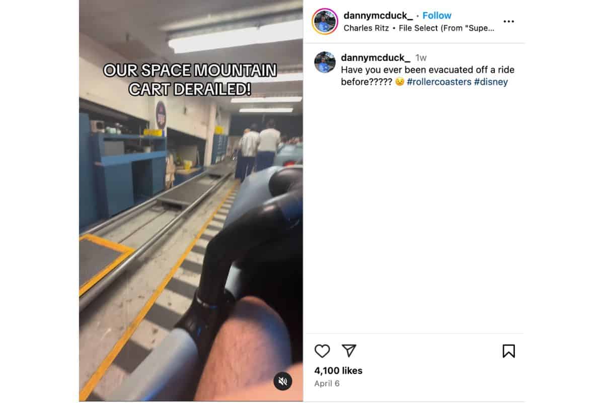 A screenshot of an Instagram video of guests evacuating Space Mountain after derailment from the profile @dannymcduck_. 