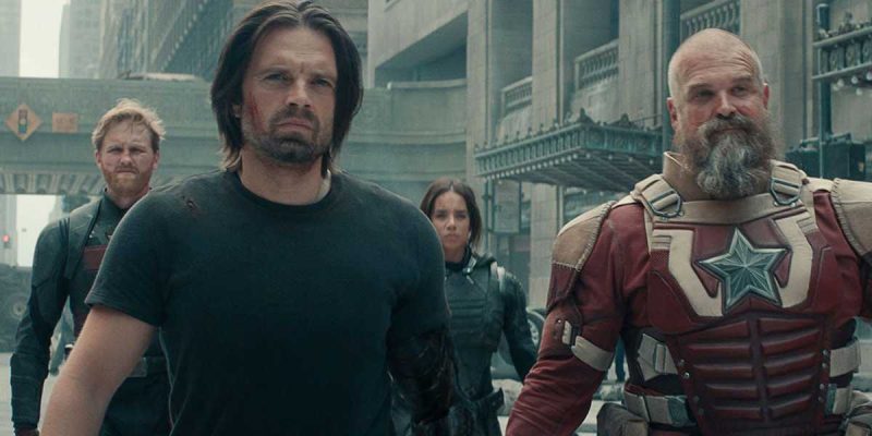 L-R: Wyatt Russell as U.S. Agent, Sebastian Stan as Bucky, Hannah John-Kamen as Ghost, and David Harbour as Red Guardian