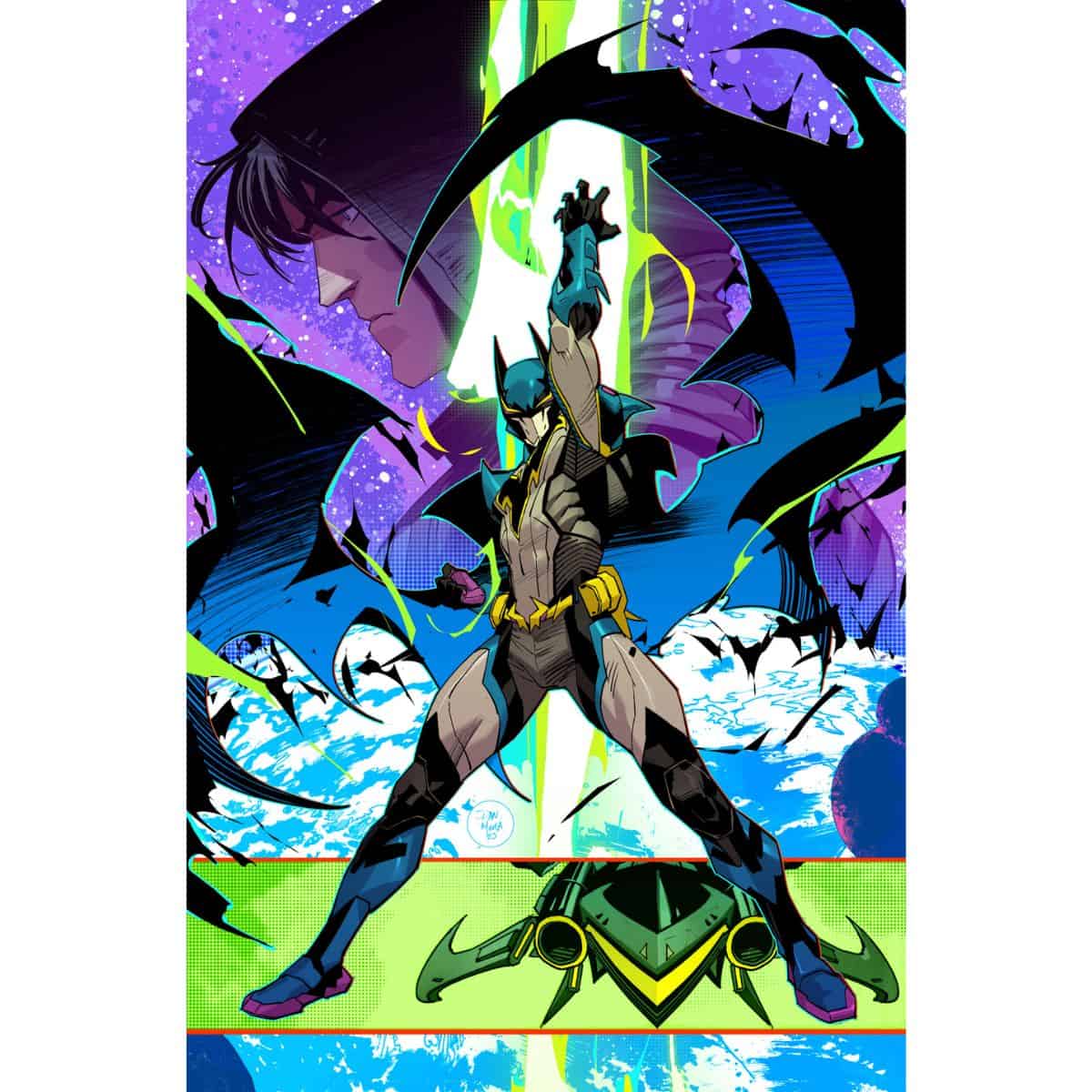 A dynamic comic book cover features Batman in a futuristic bat-themed suit, striking a powerful pose. 