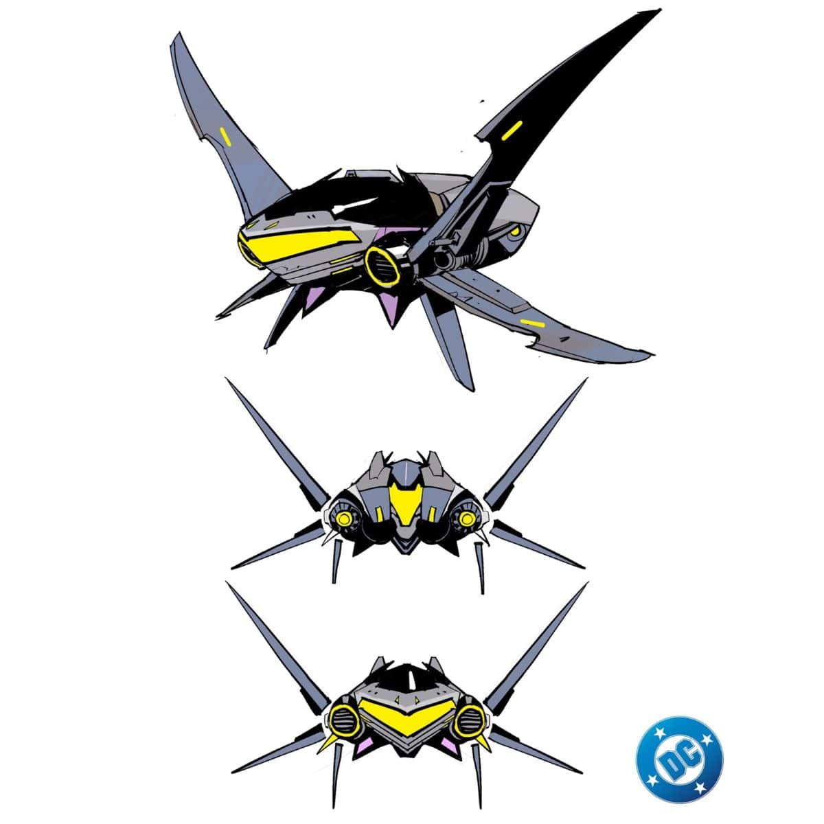 Futuristic black and yellow-winged jet with sharp angles and sleek design, reminiscent of Batman's iconic style, shown from three different angles. It has distinctive pointed features and a detailed appearance. A small DC logo is in the lower right corner.