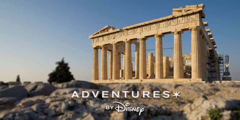 The Parthenon in Athens, Greece, stands under a clear blue sky. "ADVENTURES BY Disney" is written in white text at the bottom of the image, inviting you to discover new Disney adventures and unforgettable escapes.