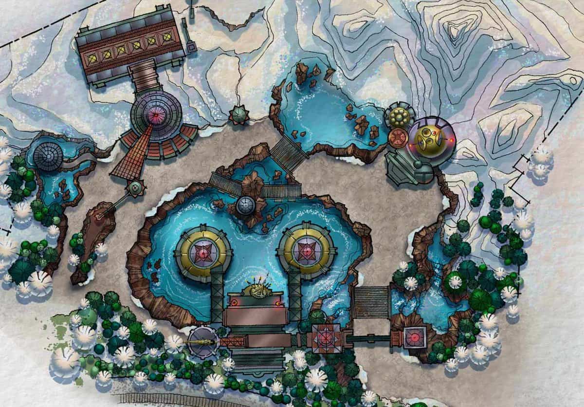 Colorful illustrated map showing a fantasy-themed park with winding paths, circular buildings, blue ponds, trees, bridges, and stone structures set in a snowy, mountainous landscape.