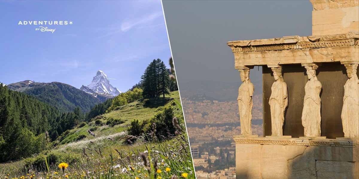 Split image: Left side features a green mountain landscape with the snow-capped Matterhorn under a blue sky. Right shows the Caryatids at the Acropolis in Athens—perfect inspiration for Disney new adventures and unforgettable escapes.