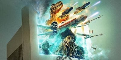 A collage celebrating ILM’s 50th Anniversary, featuring dinosaurs to droids—spaceships firing lasers, a tentacled pirate, and a humanoid creature all burst from a retro computer monitor.