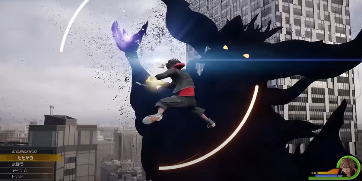 A video game scene inspired by Kingdom Hearts 4 shows a character mid-air attacking a large, shadowy monster with glowing eyes atop city skyscrapers. Game interface elements and health bars, reminiscent of Kingdom Hearts Mobile Game, are visible on the screen.