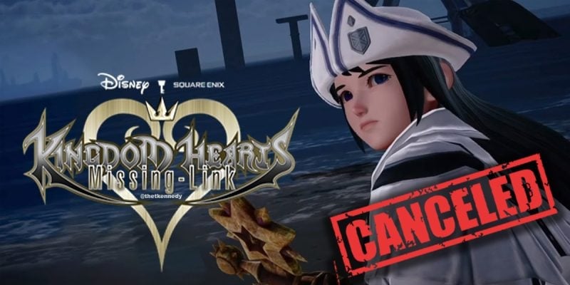 A character in white and black attire stands before the "Kingdom Hearts Missing-Link" logo, with "CANCELED" stamped in red, hinting at the fate of the Kingdom Hearts Mobile Game. Disney and Square Enix logos appear above, suggesting Missing-Link Canceled rumors.