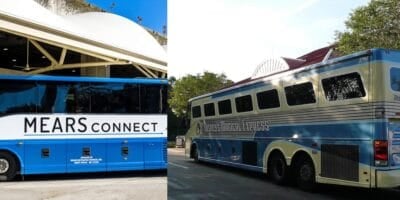 Side-by-side view of two buses highlights the transportation change: on the left is the blue "Mears Connect" bus, and on the right, the blue and white "Disney's Magical Express," both parked outdoors near trees and a building.