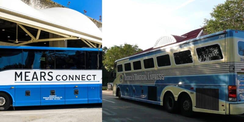 Side-by-side view of two buses highlights the transportation change: on the left is the blue "Mears Connect" bus, and on the right, the blue and white "Disney's Magical Express," both parked outdoors near trees and a building.