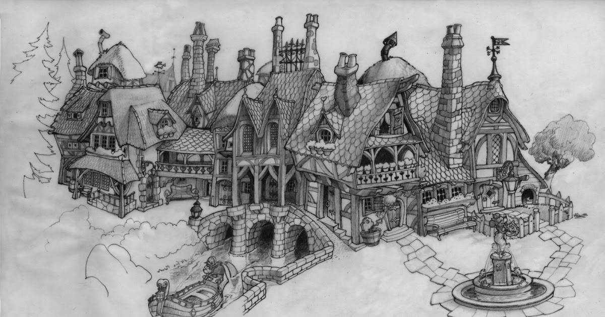 Detailed pencil sketch of a whimsical, fantasy-style house with many gabled roofs, chimneys, and ornate details. A courtyard with a fountain, stone steps, and trees surrounds the building.