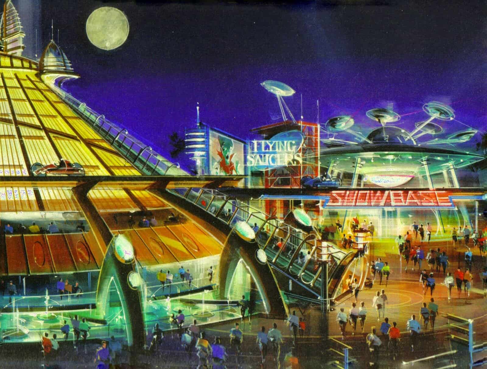 Futuristic city scene at night with a glowing glass pyramid, neon signage, people walking, flying saucers, and a full moon in the sky. The atmosphere is colorful and lively at this Disney Resort.