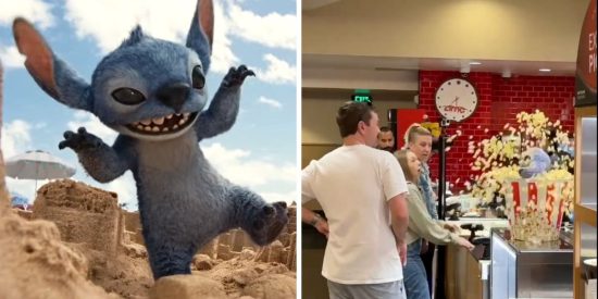 On the left, a realistic CGI Stitch from Disney dashes through sandcastles on a beach. On the right, cinema-goers in a lobby react to a huge popcorn spill near the counter—with live-action Stitch popping out of the popcorn.