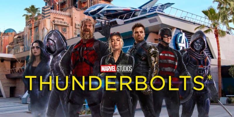 Cast of Thunderbolts in front of Avengers Campus