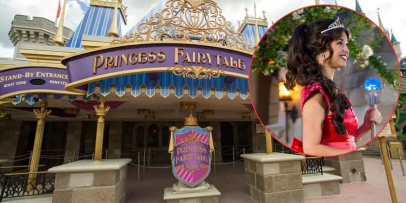 Entrance to the Princess Fairytale Hall at a theme park, featuring a purple and gold sign. Inset shows a woman dressed as a princess in a pink dress and tiara, holding a scepter and smiling.