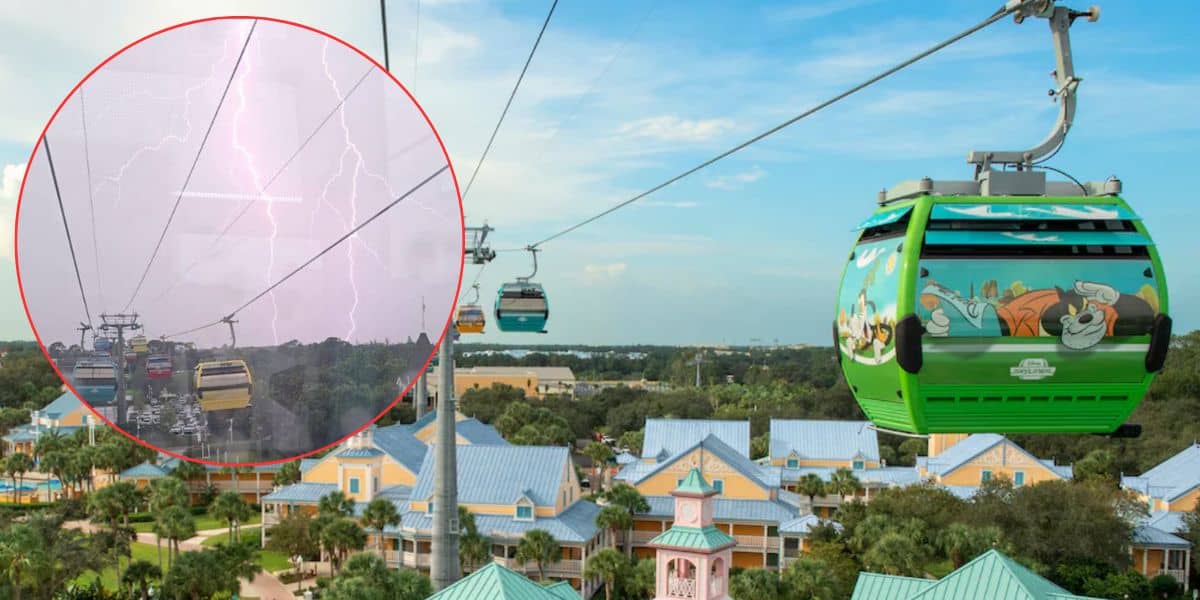 A gondola lift with colorful cable cars glides above a resort with blue rooftops; an inset shows lightning striking near similar gondolas in stormy weather.