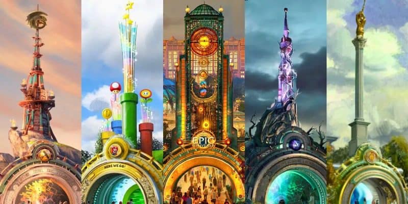 The five portal towers at Universal Epic Universe