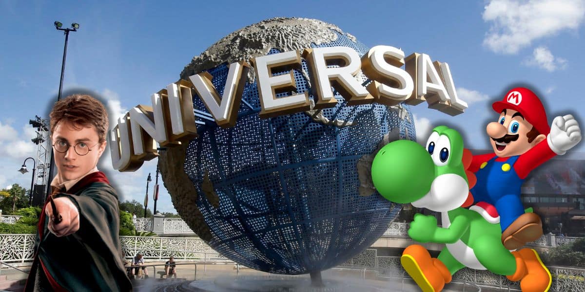 A large Universal Studios globe structure with a blue sky in the background. In the foreground, Harry Potter, Yoshi, and Mario hint at a Surprise Expansion inspired by Epic Universe at Universal Orlando as new Harry Potter and SUPER NINTENDO WORLD location open in CityWalk.