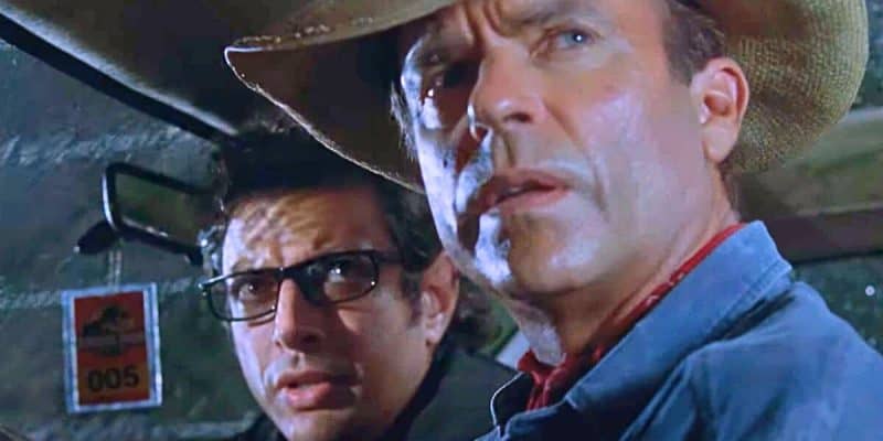 L to R: Jeff Goldblum and Sam Neill in the jeep during the T-Rex breakout in 'Jurassic Park' from Universal Islands of Adventure.