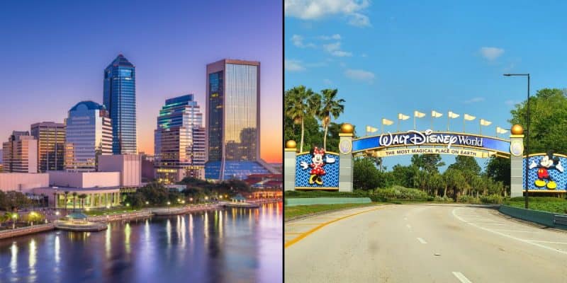 Split image: left shows downtown Jacksonville, Florida with skyscrapers at sunset by the river and the Jacksonville Airport nearby; right shows the colorful entrance sign to Walt Disney World with Mickey and Minnie Mouse statues.