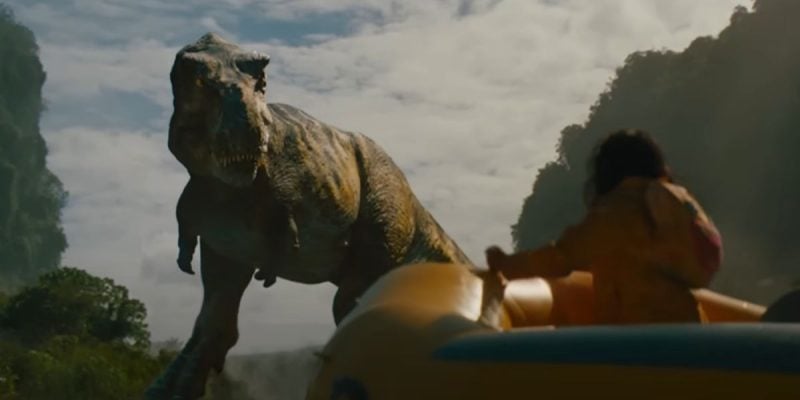 A T-Rex stalking a raft in 'Jurassic World Rebirth'