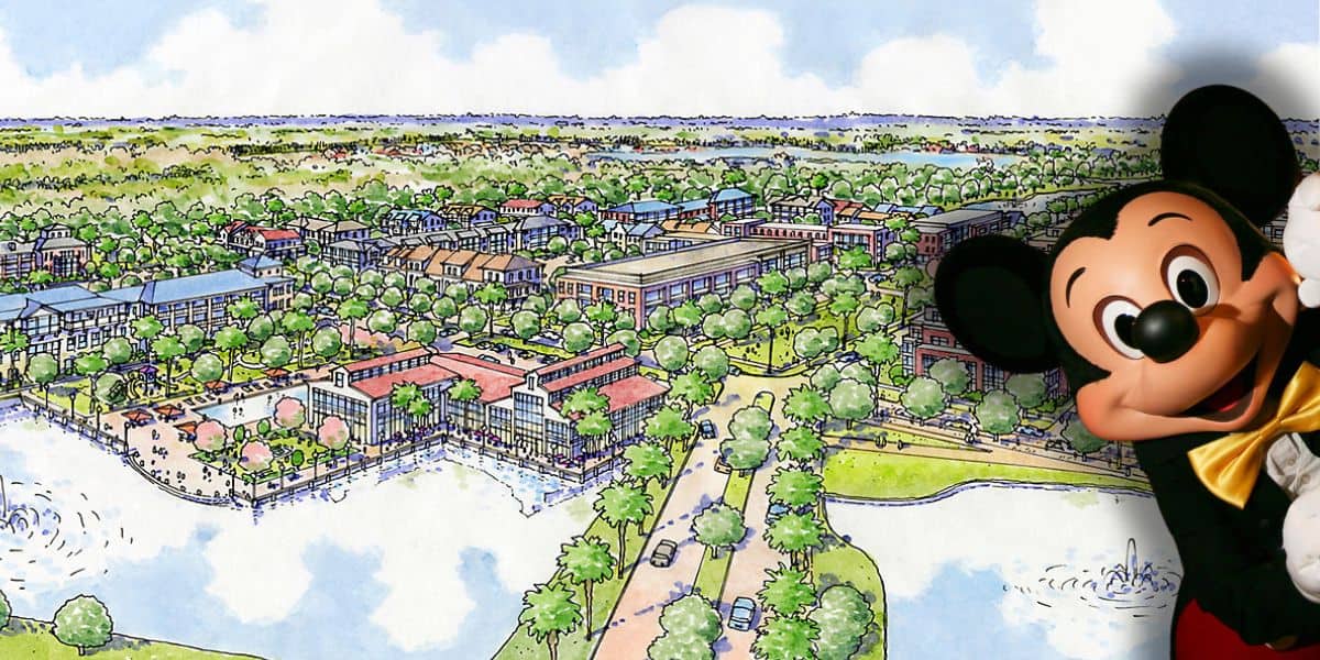 Illustration of a colorful lakeside town with buildings, trees, roads, and water viewed from above. On the right side, a large Mickey Mouse character is partially visible, smiling and waving—perfect for a Disney World Expansion project being canceled indefinitely.