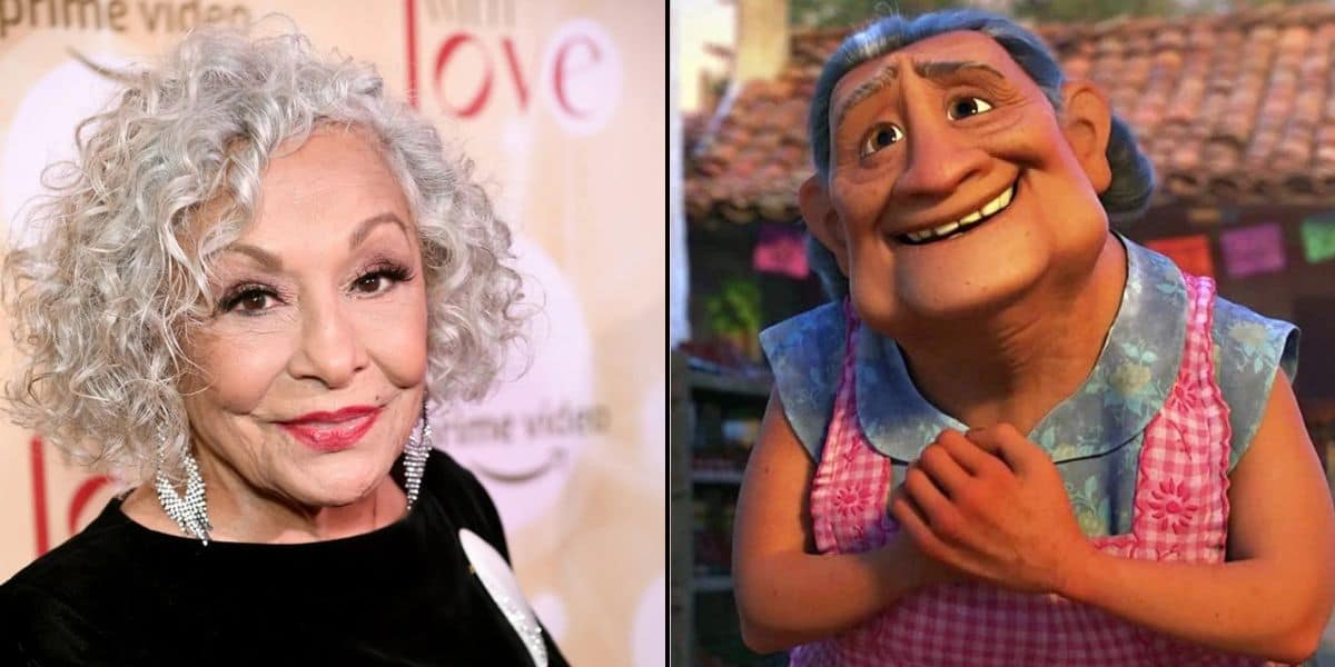 Side-by-side image: On the left, the Abuelita voice actress from Disney Pixar Coco, seen at an event. On the right, her animated character—Coco’s smiling grandmother in a pink apron. The actress dies at 86.