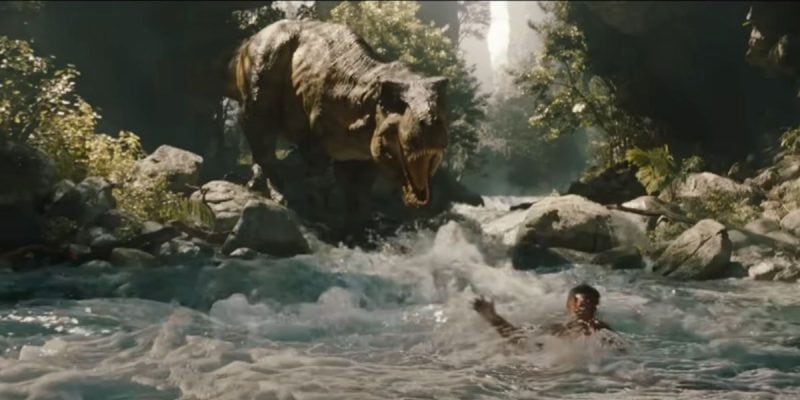 The T-Rex during the river scene in 'Jurassic World Rebirth'
