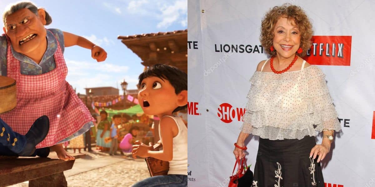 On the left, an animated scene from Disney Pixar’s "Coco" shows Abuelita sternly pointing at a boy. On the right, an older woman smiles on a red carpet with Netflix and Showtime logos behind her.