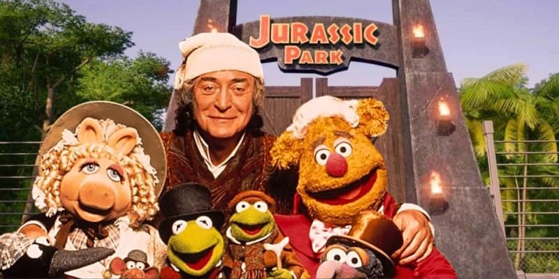 Front: Characters from 'The Muppet Christmas Carol', Back: the Jurassic Park gates from "Jurassic World Evolution"
